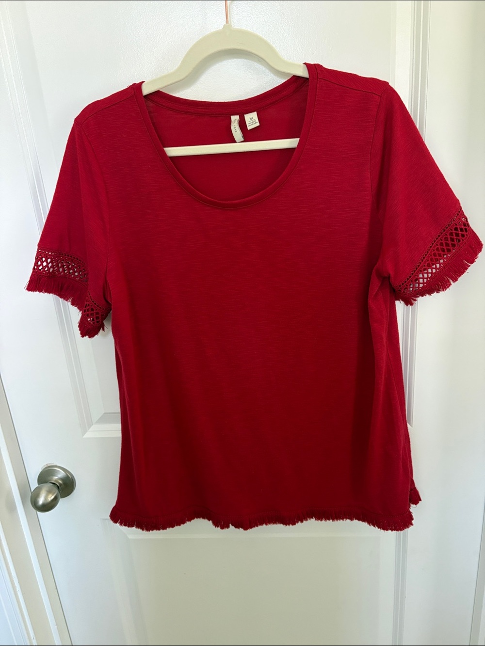 Women's Red Short-Sleeve Scoop Neck Top with Crochet Fringe